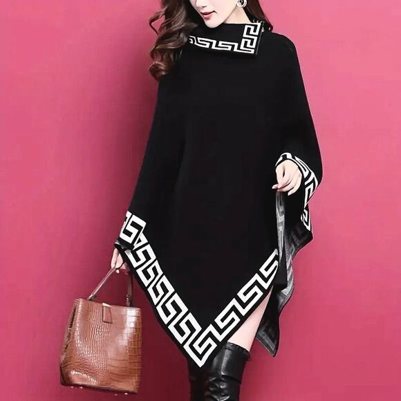 Vintage Loose Geometric Design Pullover Elegant Top Lapel Cowl Neck Cape - Black - Picture 1 of 8